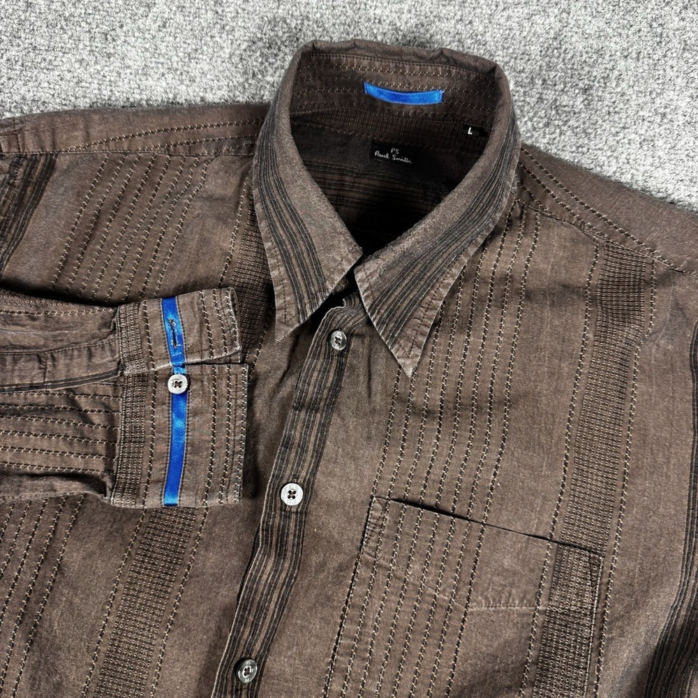 PS Paul Smith Men's Long Sleeve Button Down Shirt Brown Striped Blue Ribbon L